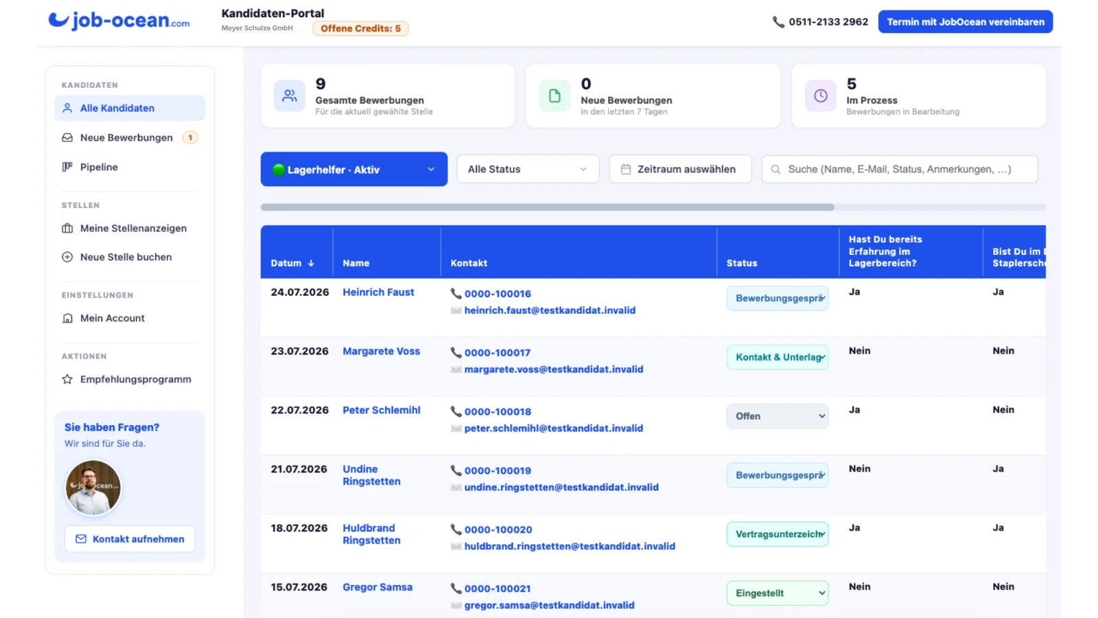 Das JobOcean Kandidaten-Portal: Kennzahlen, Filter und Kandidatenliste